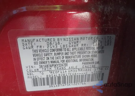 2019 Nissan Sentra Sv z USA, uszkodzony, nr VIN 3N1AB7AP5KY224766